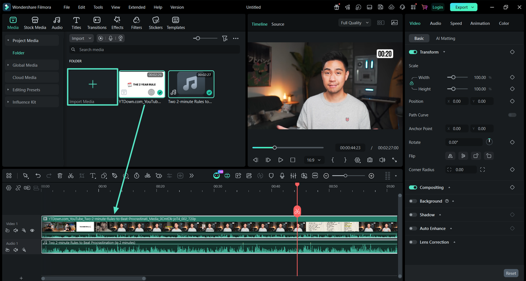 drag video audio filmora timeline
